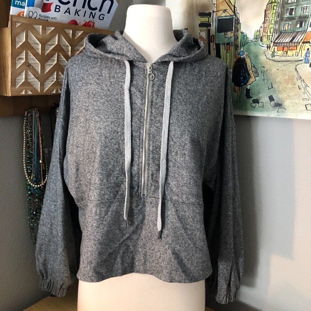 Zara Tweed Cropped 1/2 Zip Hoodie Women's size M Gray Balloon Sleeve NEW